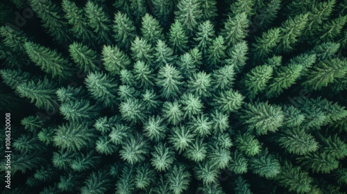 Aerial view of a dense evergreen forest.