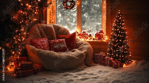 Cozy winter reading nook decorated with Christmas lights, holiday-themed pillows, and a mini Christmas tree beside the chair