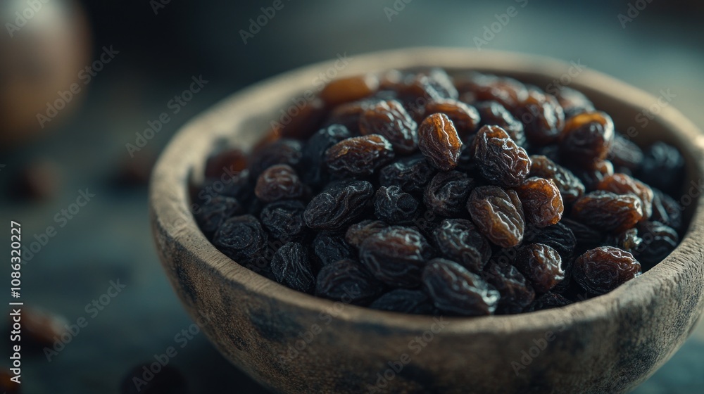 A rustic bowl filled with dark raisins, highlighting their texture and natural appeal. A rustic bowl filled with dark raisins, highlighting their texture and natural appeal.