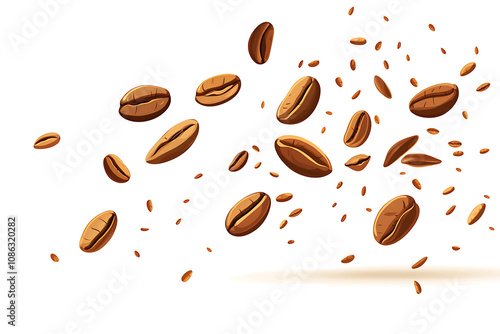 A dynamic arrangement of coffee beans in various orientations against a white background. photo