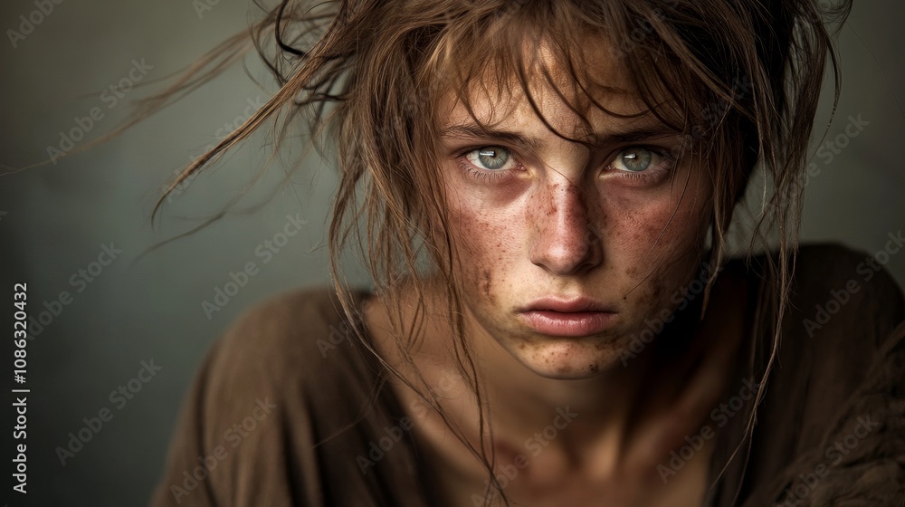 Fototapeta premium Vulnerable Close-up Portrait of Young Homeless Woman with Tangled Hair and Worn Expression in Moody Lighting