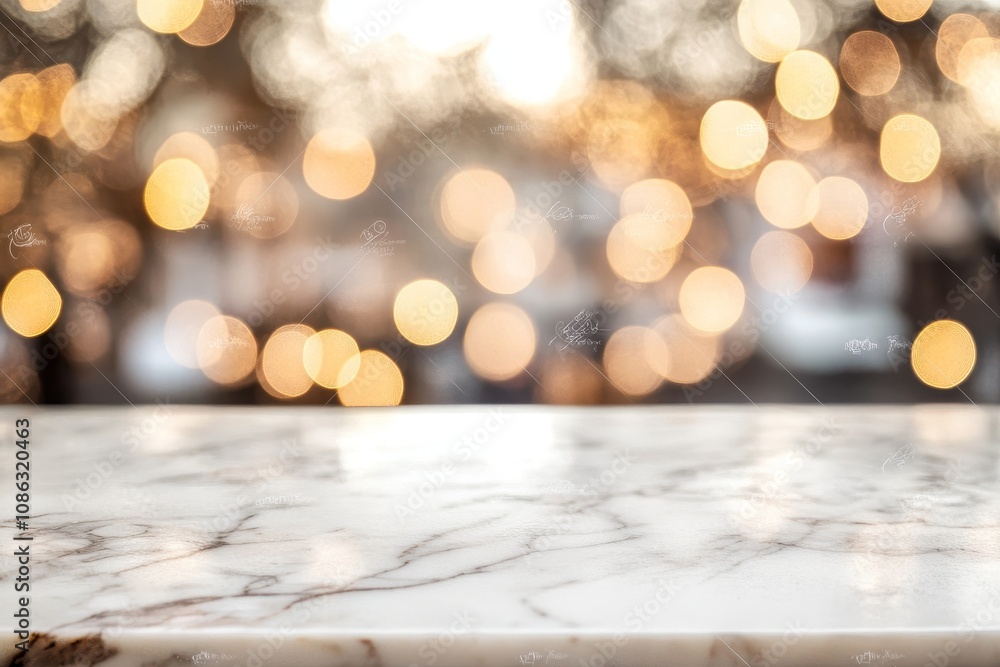 Marble table top with blurred bokeh lights in background. Marble table top with blurred bokeh lights in background.