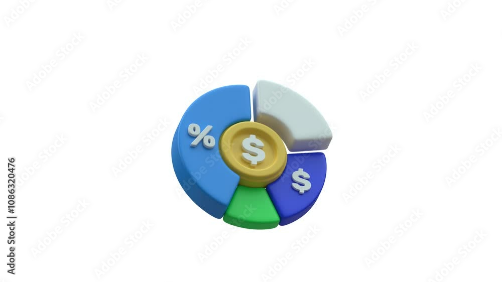 Animation 3D pie chart with a dollar sign and percentage symbol. Can be used for various purposes, such as presentations, reports, infographics, and data visualizations. Alpha Channel. Animation 3D pie chart with a dollar sign and percentage symbol. Can be used for various purposes, such as presentations, reports, infographics, and data visualizations. Alpha Channel.