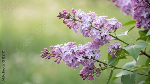 Soft focus of bright lilac blooms against a muted green background, botanical photography, outdoor landscape, purple flowers