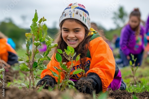 A group of Māori children planting native trees in a community conservation project, wearing colorful clothing and smiling: A vibrant scene of environmental stewardship and cultural pride