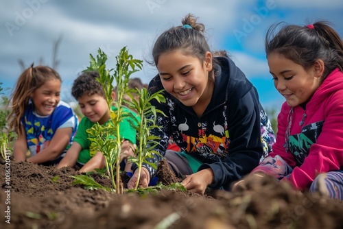 A group of Māori children planting native trees in a community conservation project, wearing colorful clothing and smiling: A vibrant scene of environmental stewardship and cultural pride