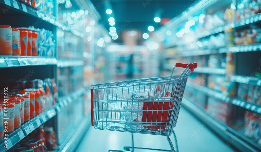 An empty shopping cart stands in the middle of a grocery aisle. An empty shopping cart stands in the middle of a grocery aisle.