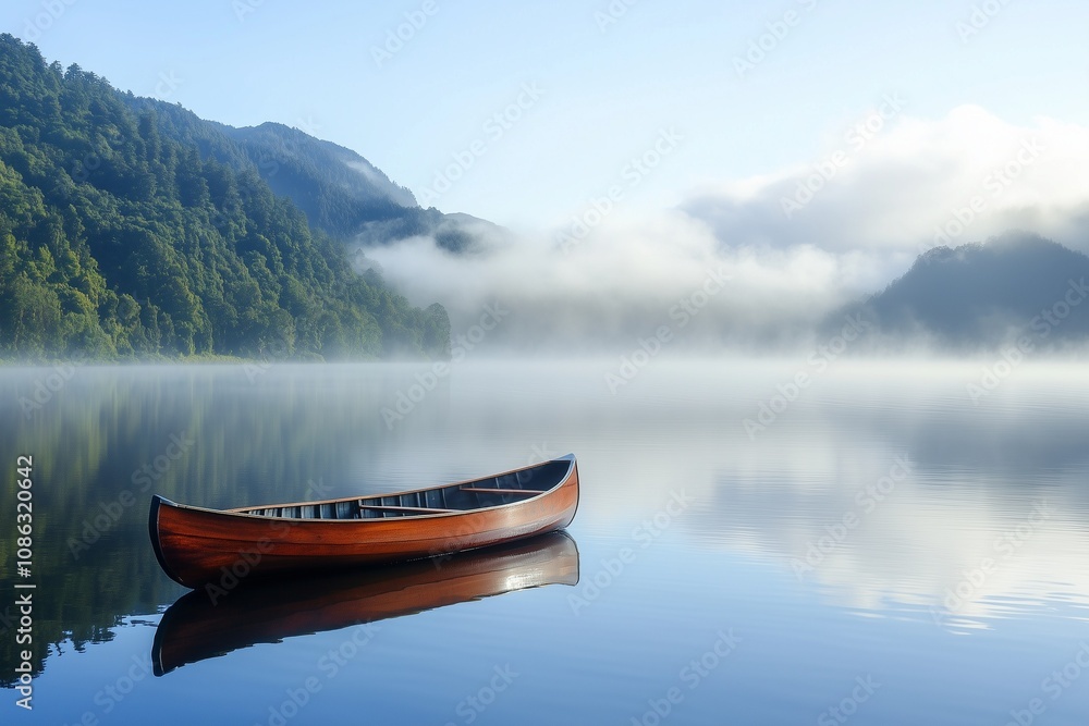 A peaceful lakeside view with a traditional Māori waka (canoe) floating on the calm water, surrounded by misty hills A peaceful lakeside view with a traditional Māori waka (canoe) floating on the calm water, surrounded by misty hills