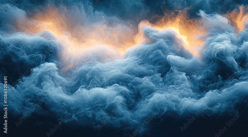 Abstract smoky cloudscape with blue and orange hues, dramatic lighting. Abstract smoky cloudscape with blue and orange hues, dramatic lighting.