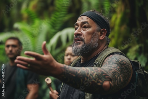 A Māori guide leading a group through a dense forest, sharing traditional knowledge of native plants and their uses