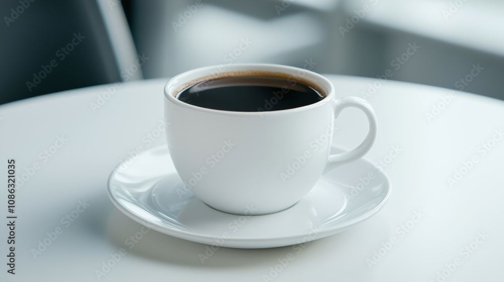 A simple white cup of black coffee sits on a saucer, resting on a light-colored table. The background is softly blurred, emphasizing the drink. A simple white cup of black coffee sits on a saucer, resting on a light-colored table. The background is softly blurred, emphasizing the drink.