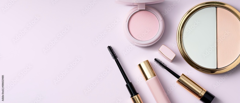 A flat lay of various makeup products, including blush, highlighter, and mascara, arranged elegantly on a light background. A flat lay of various makeup products, including blush, highlighter, and mascara, arranged elegantly on a light background.