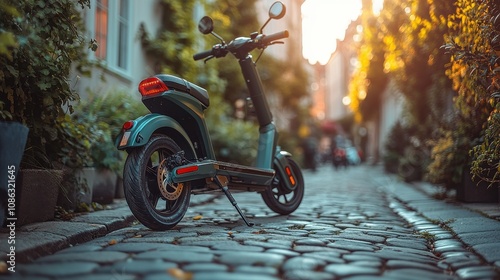 Stylish electric scooter parked on a picturesque cobblestone street during sunset with warm light illuminating the surroundings and lush greenery nearby