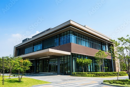 Modern office building with glass facade and green landscaping.