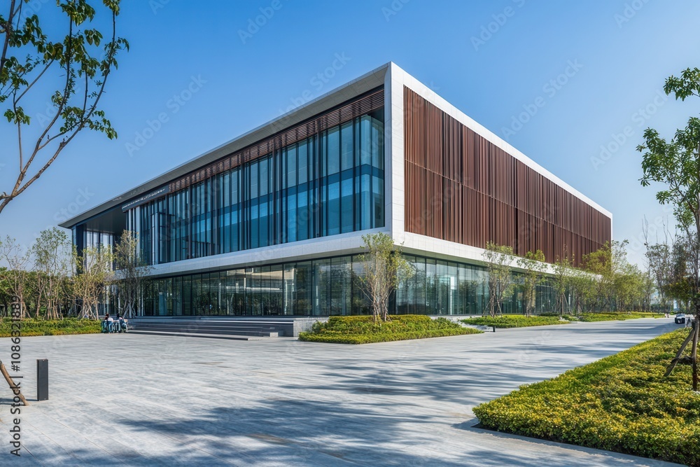 Obraz premium Modern office building with glass facade and landscaping. (2)