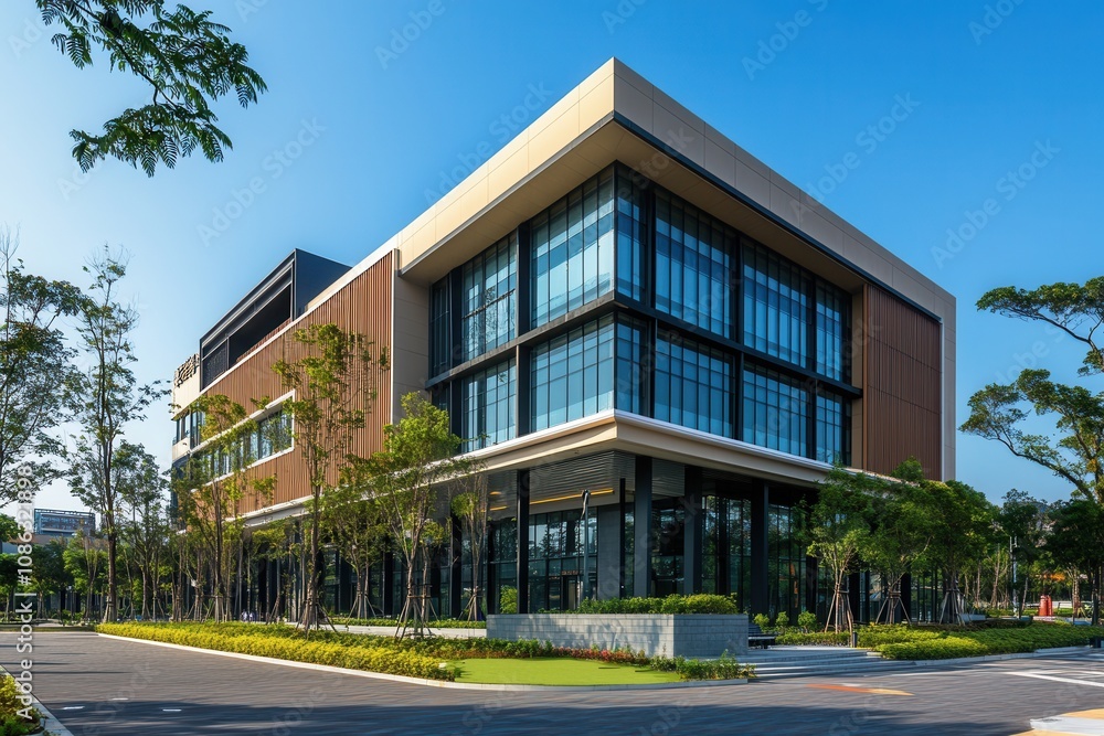 Modern office building with glass facade and landscaping. (1) Modern office building with glass facade and landscaping. (1)