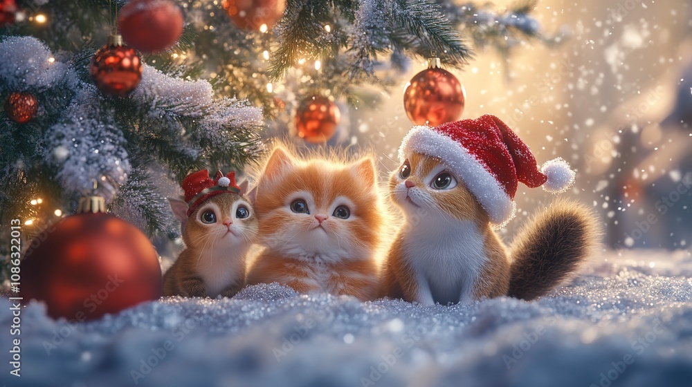 Three Adorable Kittens Under a Christmas Tree in the Snow Three Adorable Kittens Under a Christmas Tree in the Snow
