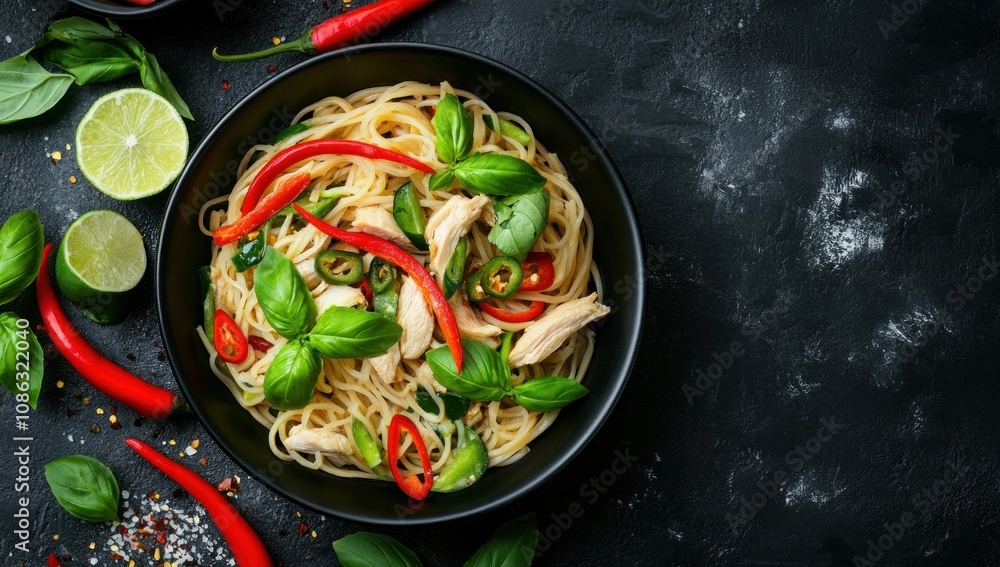 Delicious Spicy Chicken Pasta with Basil and Chili Peppers Delicious Spicy Chicken Pasta with Basil and Chili Peppers