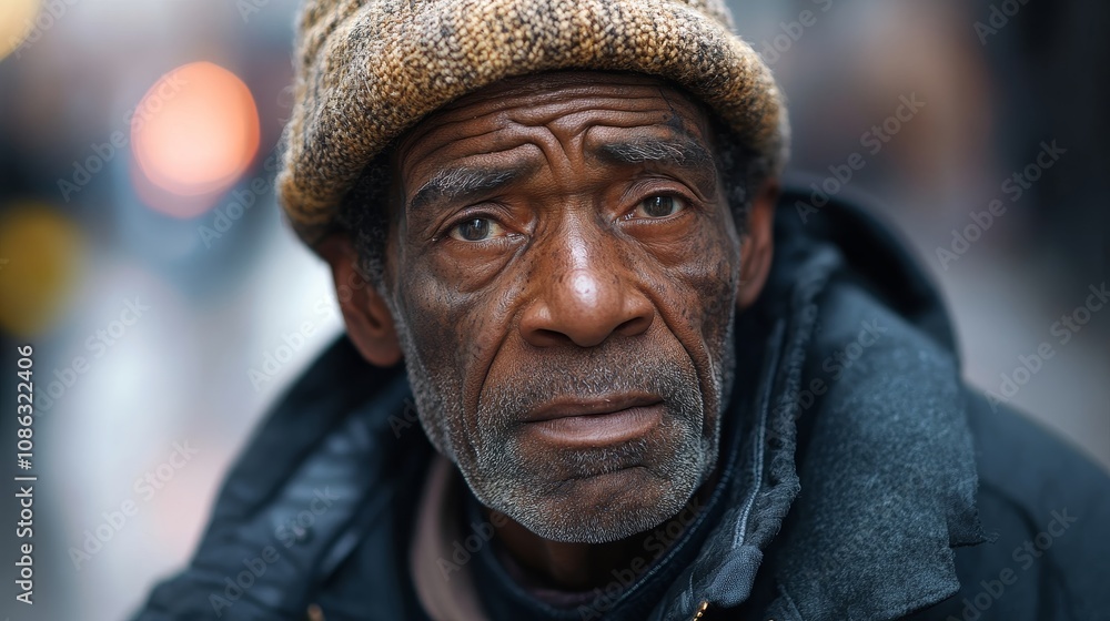 Portrait of a Homeless Elderly Man with a Worn Expression in New York City, USA Portrait of a Homeless Elderly Man with a Worn Expression in New York City, USA