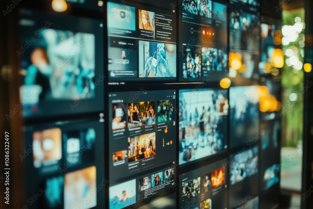 A collection of screens showcases different social media app interfaces in a contemporary office setting, illuminated by natural light. Generative AI A collection of screens showcases different social media app interfaces in a contemporary office setting, illuminated by natural light. Generative AI