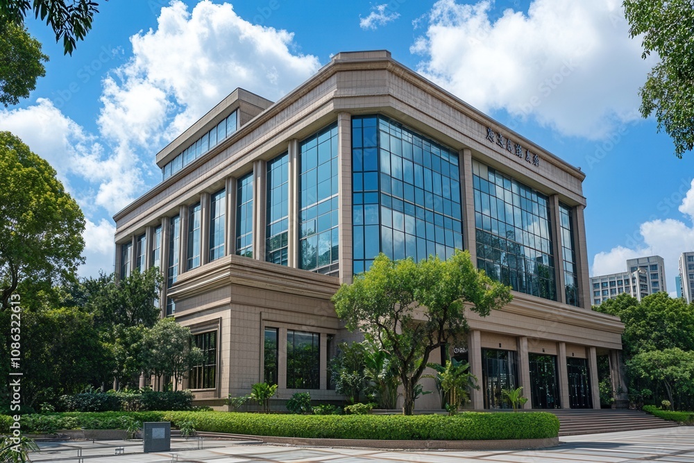 Modern office building with glass facade, surrounded by trees and landscaping. Modern office building with glass facade, surrounded by trees and landscaping.