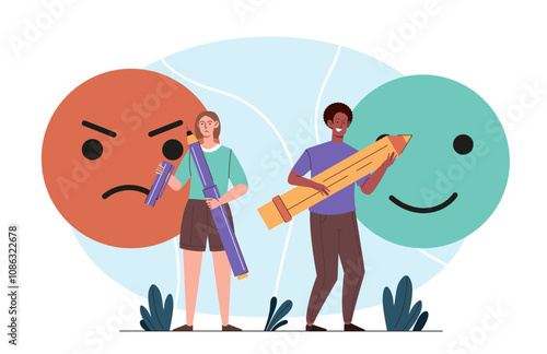 People with different emotions. Man and woman near happy and angry emojies. Mood measurement. Communication in social networks. Flat vector illustration isolated on white background