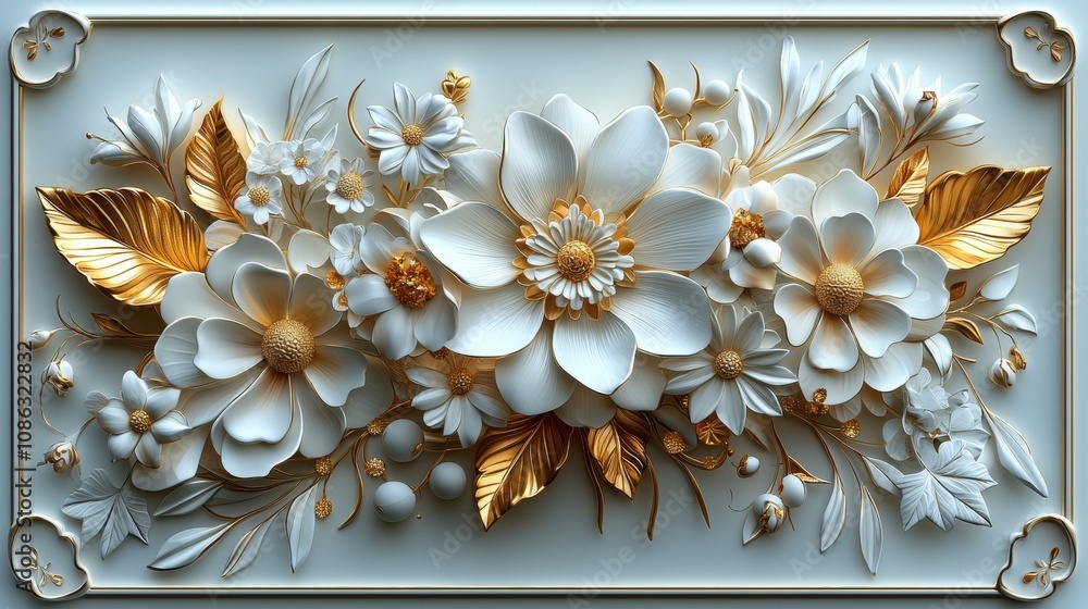 Elegant White Floral Arrangement with Golden Accents in Three-Dimensional Design for Home Decoration and Craft Projects