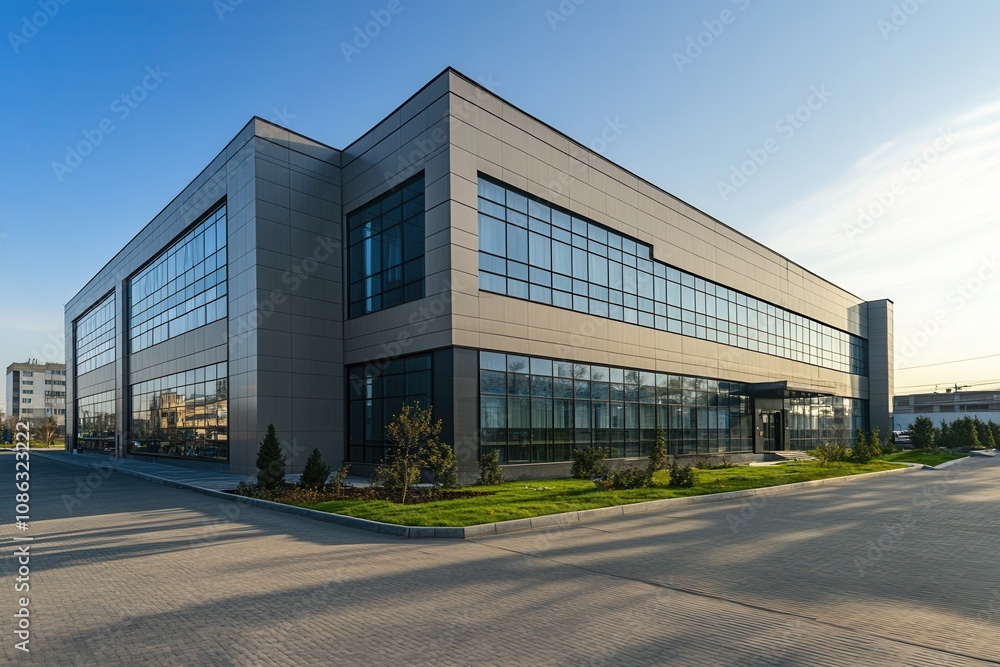 Obraz premium Modern office building with large glass windows, surrounded by greenery and a paved parking lot.