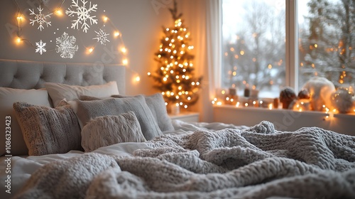 Christmas bedroom decor with a chic, silver-and-white color scheme, featuring fairy lights, cozy blankets, and snowflake decals on the windows