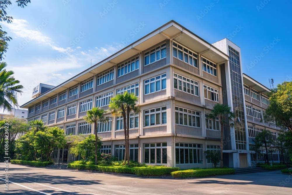 Modern office building with palm trees in front. Modern office building with palm trees in front.
