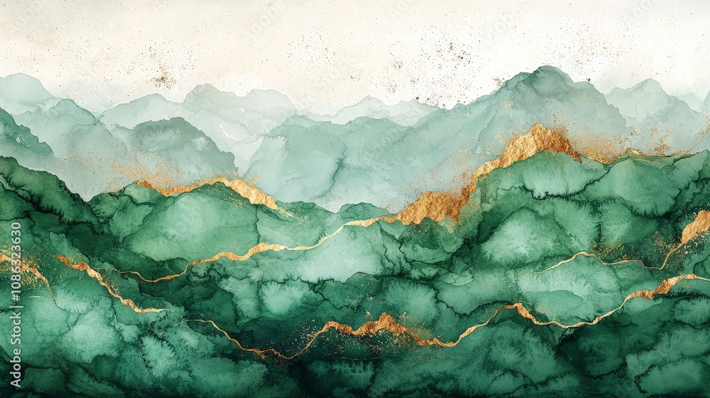 Abstract watercolor landscape featuring green mountains with gold accents. Abstract watercolor landscape featuring green mountains with gold accents.
