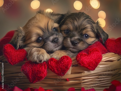 Adorable Puppies in a Basket of Hearts for Valentine's Day photo