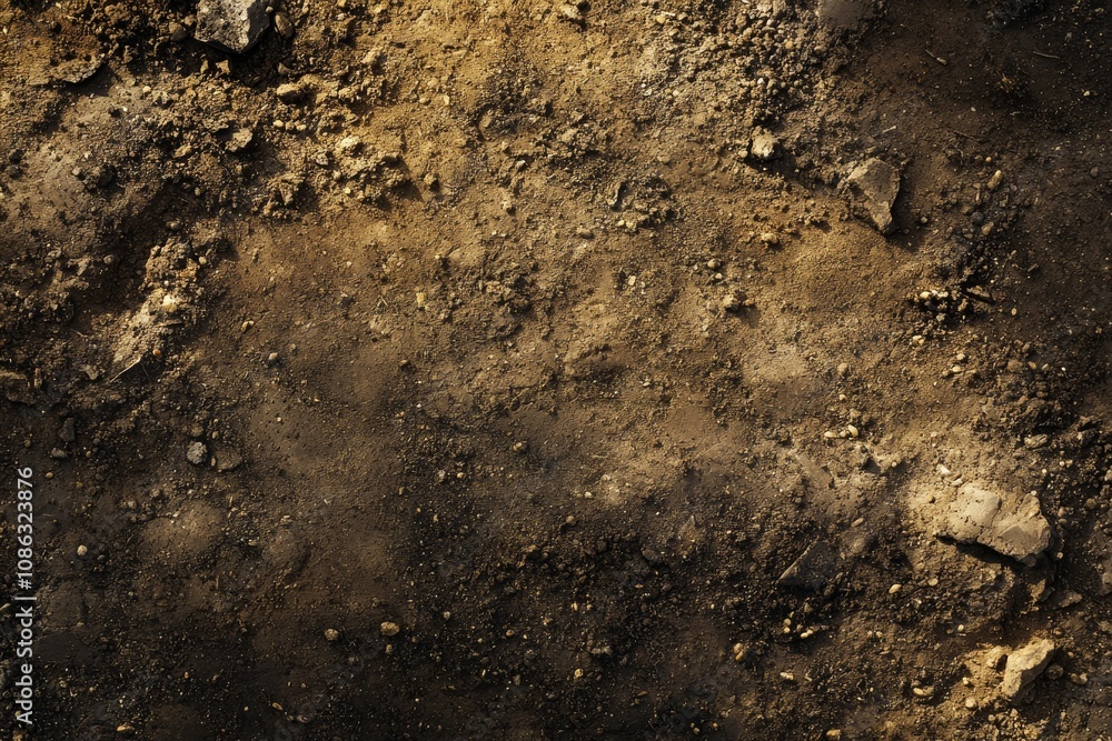 Close-up of dry, cracked earth with small rocks and pebbles, illuminated by sunlight. Close-up of dry, cracked earth with small rocks and pebbles, illuminated by sunlight.