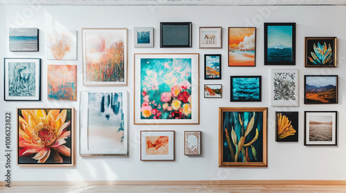Art gallery wall with colorful framed paintings
