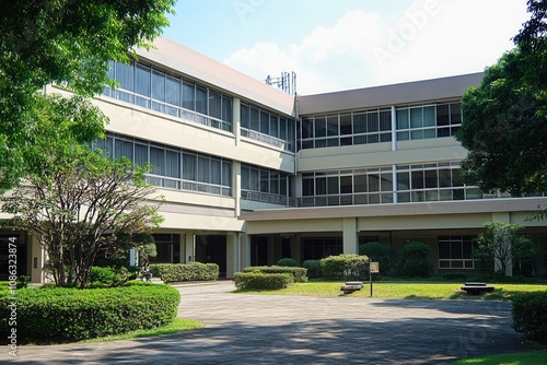 Modern school building with lush greenery.