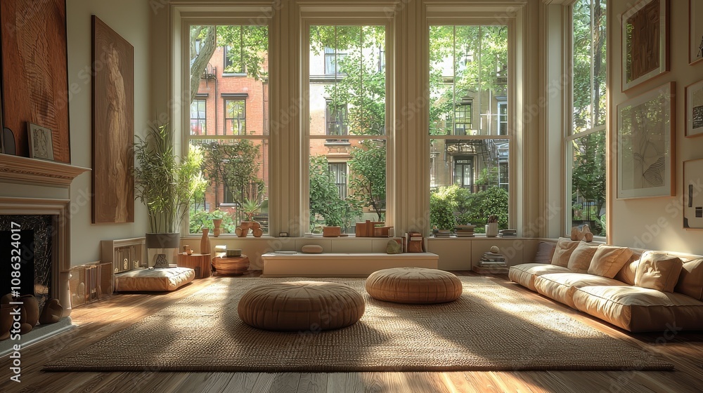Cozy and Inviting Living Room with Natural Light Showcasing Simple Decor and Comfortable Seating in a Bright Urban Setting Surrounded by Lush Greenery Cozy and Inviting Living Room with Natural Light Showcasing Simple Decor and Comfortable Seating in a Bright Urban Setting Surrounded by Lush Greenery