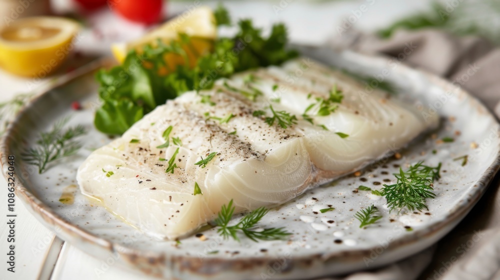 Fresh Lutefisk on White Plate with Greens Fresh Lutefisk on White Plate with Greens