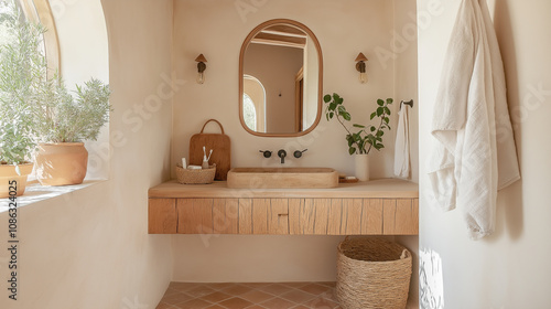 Modern minimalist bathroom with wooden vanity and plants illuminating natural...