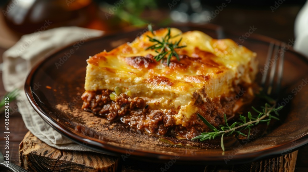 Traditional Moussaka with Fresh Herbs and Clean Background Traditional Moussaka with Fresh Herbs and Clean Background