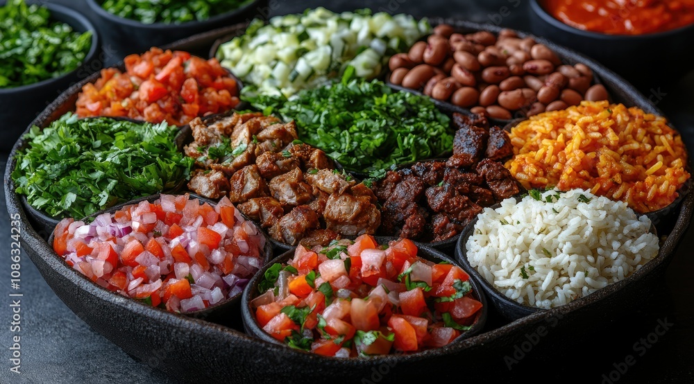 Assorted taco bar ingredients in individual bowls on a platter. Assorted taco bar ingredients in individual bowls on a platter.