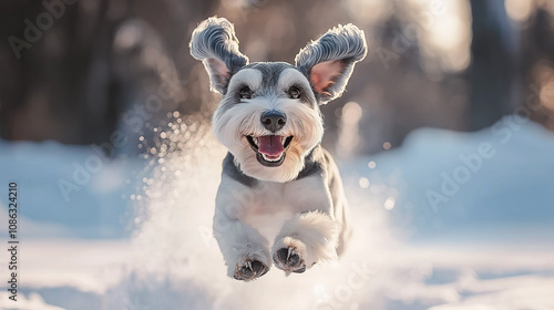 Miniature schnauzer running happily in the snow