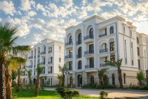 Wallpaper Mural Modern white apartment buildings with palm trees and lush green lawn in front. Torontodigital.ca