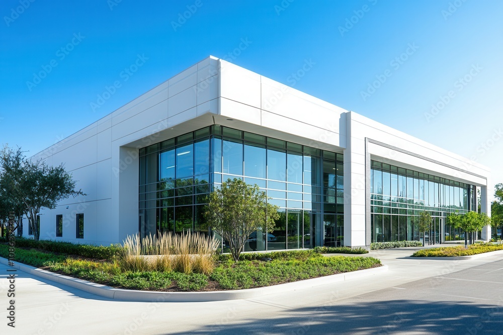 Modern white office building with large glass windows. Modern white office building with large glass windows.