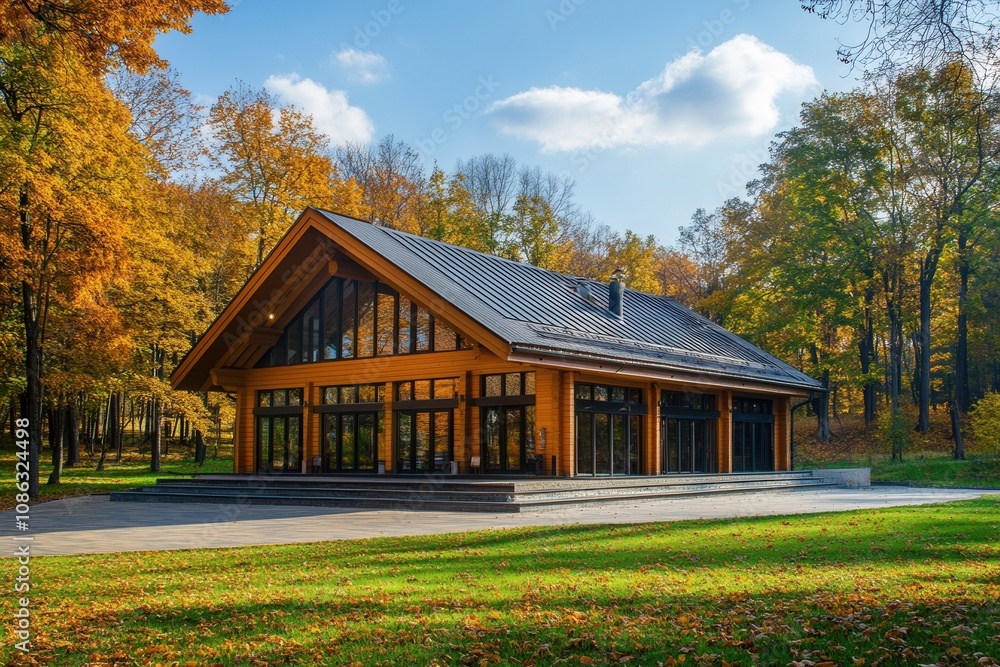 Modern wooden house in autumn forest. Modern wooden house in autumn forest.