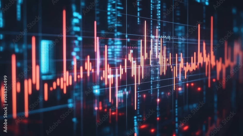 Abstract visualization of data trends with vibrant red and blue waveforms on a dark background. Abstract visualization of data trends with vibrant red and blue waveforms on a dark background.