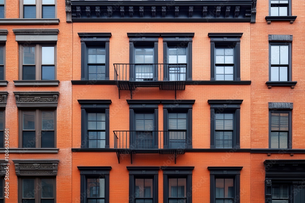 Orange brick building with black windows and balconies. Orange brick building with black windows and balconies.