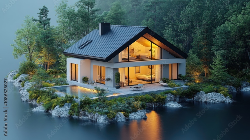 Modern house on an island surrounded by water and trees. Modern house on an island surrounded by water and trees.
