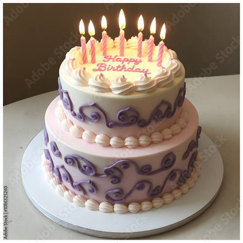 Un delicioso pastel en tono morado y blanco con varias velas