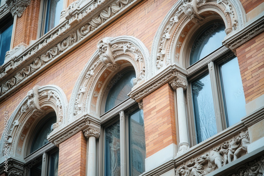 Ornate brick building facade with arched windows. Ornate brick building facade with arched windows.
