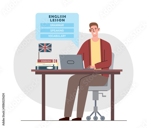 English lesson online. Man with laptop learns grammar, pronunciation and vocabulary. Education, learning and training on Internet. Guy with foreign language. Flat vector illustration
